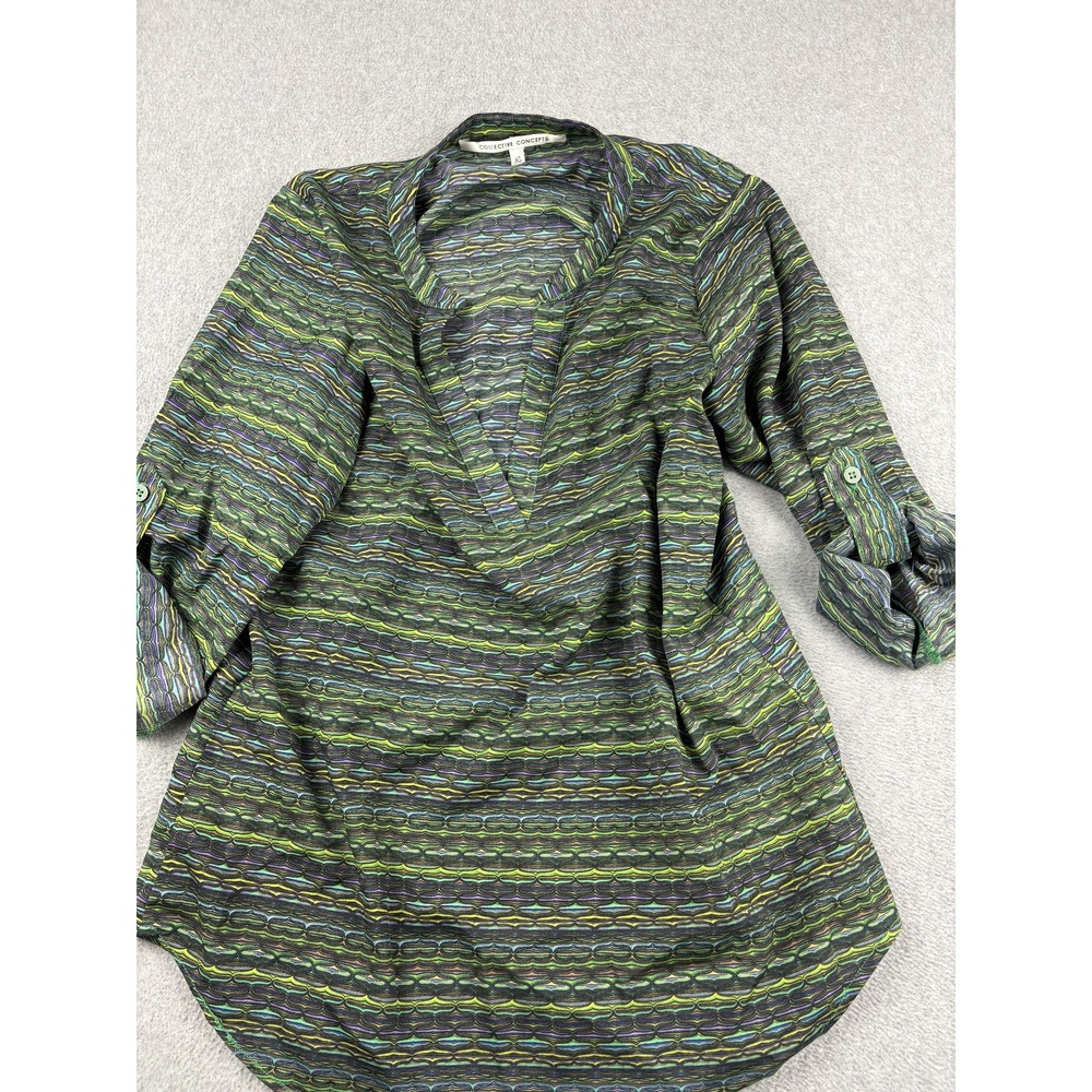 Collective Concepts Shirt Womens XS Green Patterned Split Neck 3/4 Sleeve Blouse